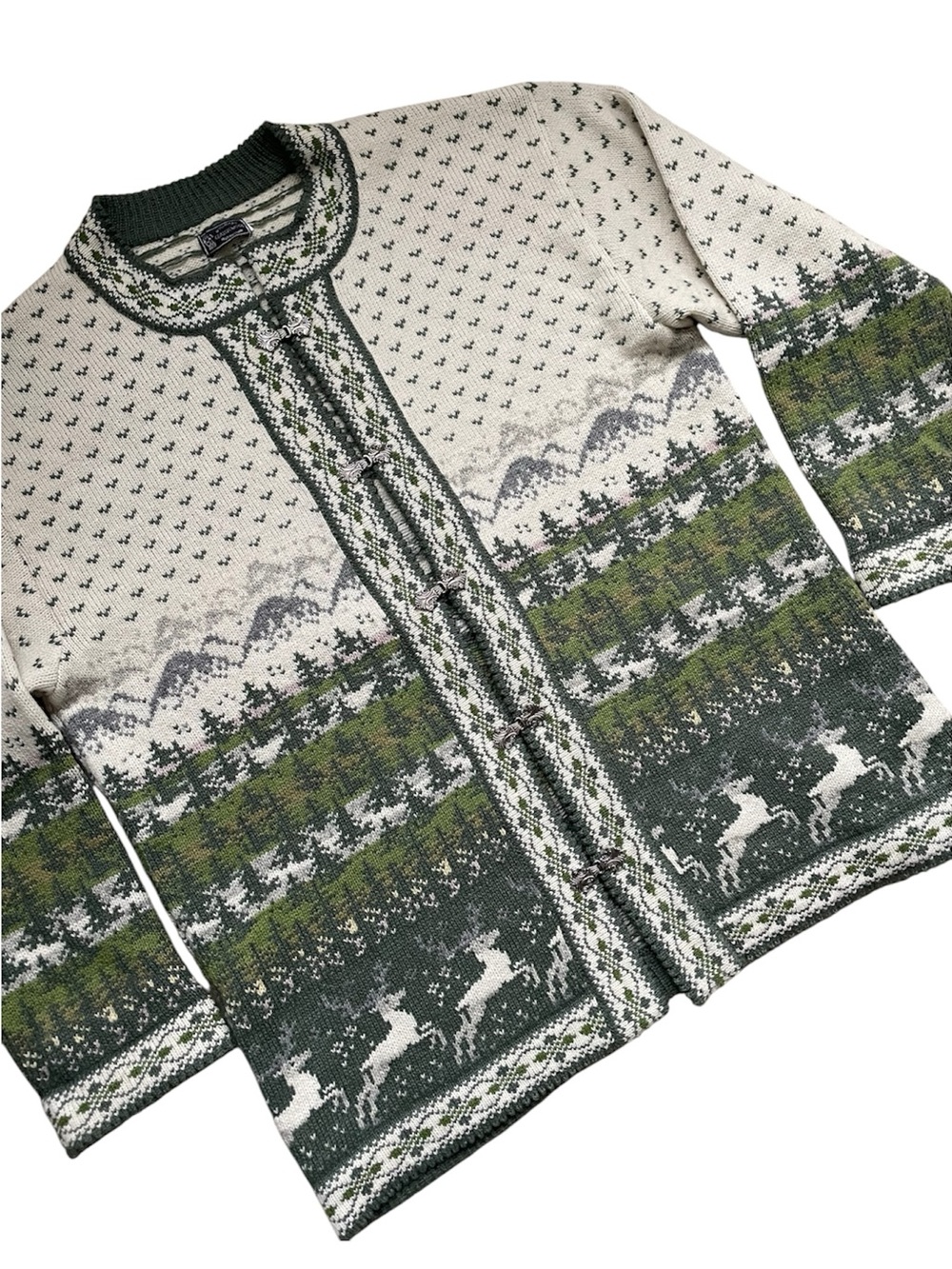 Vintage M. Villadisain Classic Wool Nordic Reindeer Cardigan Estonia Cream Green